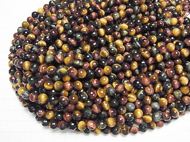 [Video]Tiger's Eye AAA 3 color mix 128Faceted Round 8mm half or 1strand beads (aprx.15inch/38cm)