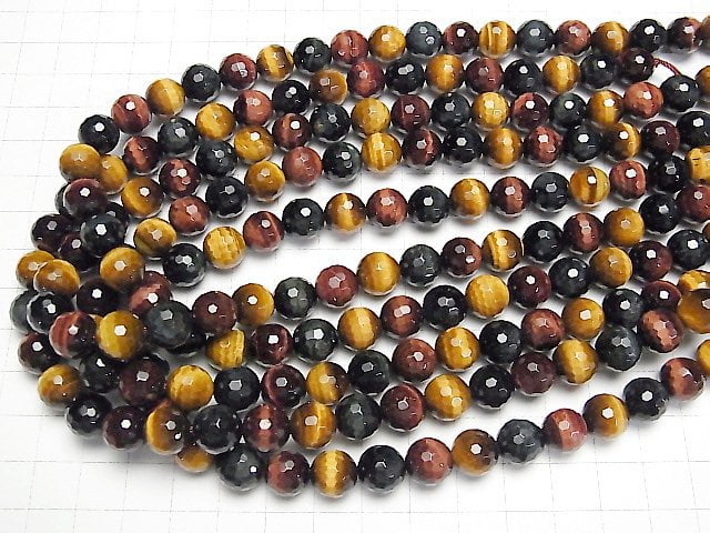 [Video]Tiger's Eye AAA 3 color mix 128Faceted Round 10mm half or 1strand beads (aprx.15inch/38cm)