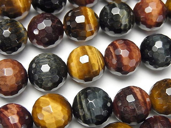 [Video]Tiger's Eye AA++ 3 color mix 128Faceted Round 12mm half or 1strand beads (aprx.15inch/36cm)