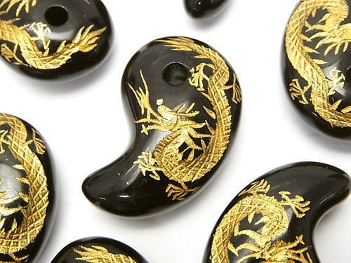 Golden! Dragon (Four Divine Beasts) Carved! Onyx Comma Shaped Bead 30x20x10mm 1pc
