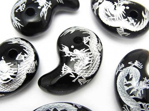 Silver! Carved by Dragon (Four Divine Beasts )! Onyx Comma Shaped Bead 30x18x10mm