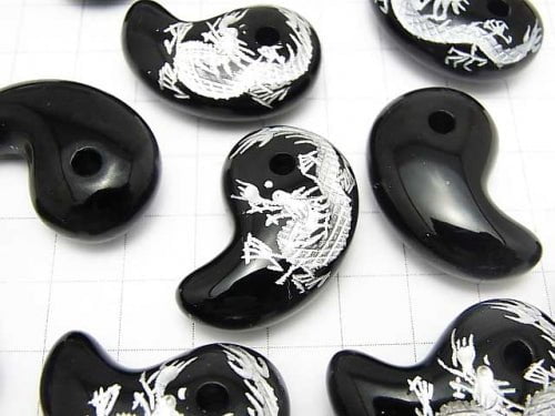 Silver! Carved by Dragon (Four Divine Beasts )! Onyx Comma Shaped Bead 30x18x10mm