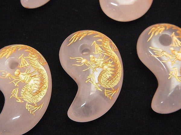[Video] Golden! Dragon (Four Divine Beasts) Carved! Rose Quartz Comma Shaped Bead 30x20x10mm 1pc