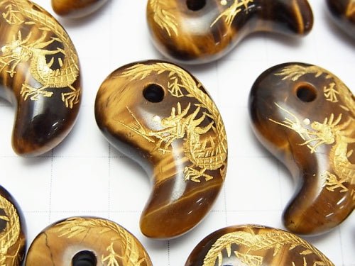 Golden! Dragon (Four Divine Beasts) Carved! Yellow Tiger's Eye AAA- Comma Shaped Bead 30x20mm 1pc