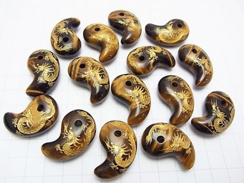 Golden! Dragon (Four Divine Beasts) Carved! Yellow Tiger's Eye AAA- Comma Shaped Bead 30x20mm 1pc