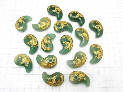 Golden! Dragon (Four Divine Beasts) Carved! Green Aventurine Comma Shaped Bead 30x20x10mm 1pc