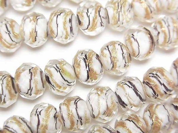 [Video]Lampwork Beads Faceted Button Roundel 10x10x7mm Gold & Black Line Carved [White] half or 1strand beads (aprx.15inch/36cm)