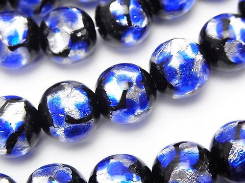 Lampwork Beads Round 12mm [Blue x Silver] 1/4 or 1strand beads (aprx.14inch/35cm)