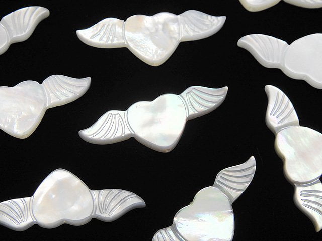 [Video] High Quality White Shell Angel Wing with Heart 24x8mm [Drilled Hole ] 3pcs
