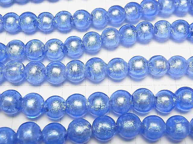 [Video]Lampwork Beads Round 10mm [Silver foil x Blue] 1strand beads (aprx.11inch/27cm)
