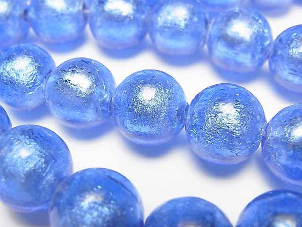 [Video]Lampwork Beads Round 12mm [Silver foil x Blue] 1strand beads (aprx.10inch/26cm)