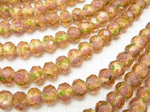 Lampwork Beads Faceted Button Roundel 10x10x7mm with rose pattern [orange] half or 1strand beads (aprx.14inch / 34cm)