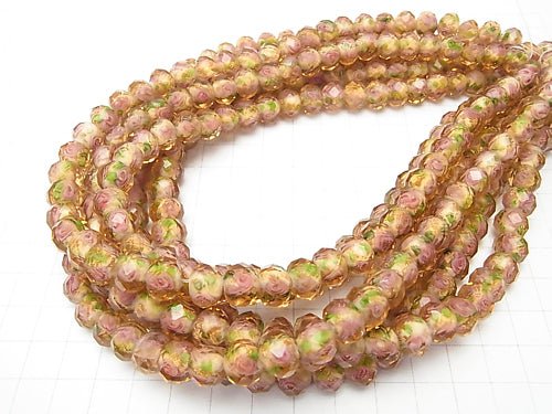 Lampwork Beads Faceted Button Roundel 10x10x7mm with rose pattern [orange] half or 1strand beads (aprx.14inch / 34cm)