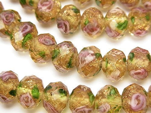 Lampwork Beads Faceted Button Roundel 10x10x7mm with rose pattern [Yellow] half or 1strand beads (aprx.13inch / 33cm)