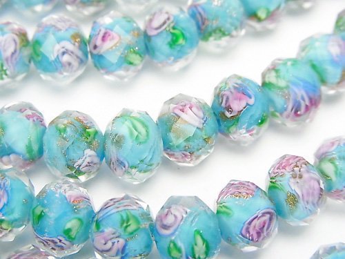 [Video] Lampwork Beads Faceted Button Roundel 10x10x7mm with rose pattern [Blue] half or 1strand beads (aprx.14inch / 34cm)
