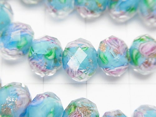 [Video] Lampwork Beads Faceted Button Roundel 10x10x7mm with rose pattern [Blue] half or 1strand beads (aprx.14inch / 34cm)