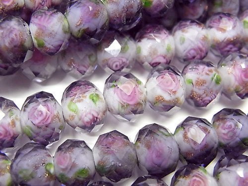 [Video] Lampwork Beads Faceted Button Roundel 10x10x7mm with rose pattern [Purple] half or 1strand beads (aprx.14inch / 34cm)