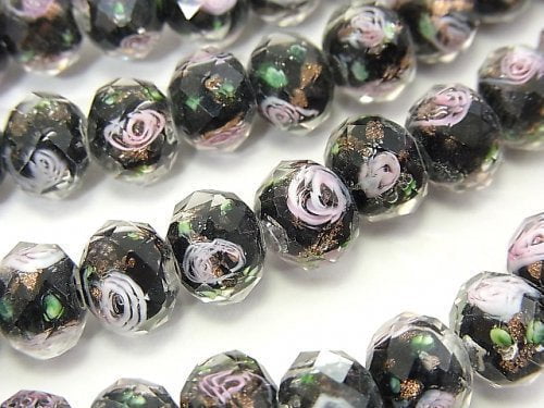 Lampwork Beads Faceted Button Roundel 10x10x7mm with rose pattern [black] half or 1strand beads (aprx.14inch / 34cm)