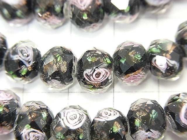 Lampwork Beads Faceted Button Roundel 10x10x7mm with rose pattern [black] half or 1strand beads (aprx.14inch / 34cm)
