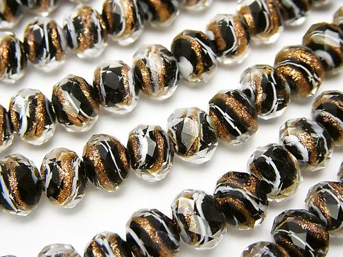 Lampwork Beads Faceted Button Roundel 8 x 8 x 6 mm gold and white Line Carved [black] half or 1 strand (aprx.11 inch / 28 cm)