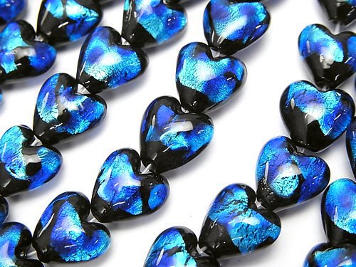 Lampwork Beads Vertical Hole Heart 10x10x6mm [Blue x Light Blue] half or 1strand beads (aprx.9inch / 24cm)
