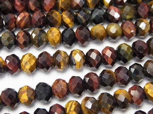 Diamond Cut! Tiger Eye AA ++ 3 color mix Faceted Button Roundel 8 x 8 x 6 half or 1 strand (aprx.15 inch / 37 cm)