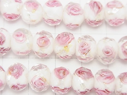 Lampwork Beads Faceted Button Roundel 10x10x7mm with rose pattern [white x silver] half or 1strand beads (aprx.14inch / 34cm)