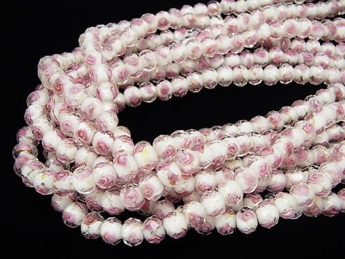 Lampwork Beads Faceted Button Roundel 10x10x7mm with rose pattern [white x silver] half or 1strand beads (aprx.14inch / 34cm)