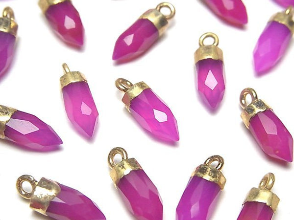[Video]High Quality Fuchsia Pink Chalcedony AAA- Faceted Point Charm 12x5x5mm Gold Color 2pcs