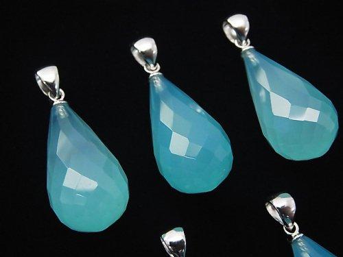 Sea Blue Chalcedony AAA Faceted Drop Pendant 22x12mm Silver925