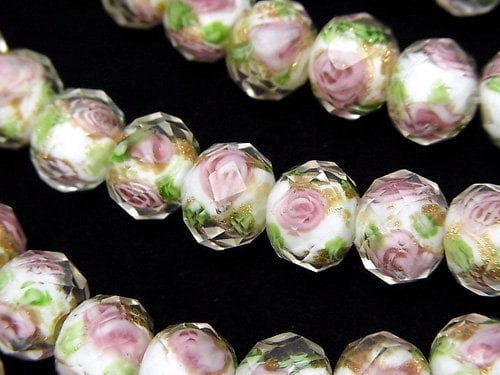 Lampwork Beads Faceted Button Roundel 10x10x7mm with rose pattern [white] half or 1strand beads (aprx.14inch / 34cm)