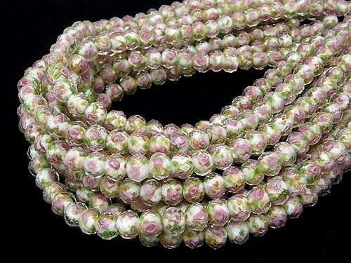 Lampwork Beads Faceted Button Roundel 10x10x7mm with rose pattern [white] half or 1strand beads (aprx.14inch / 34cm)
