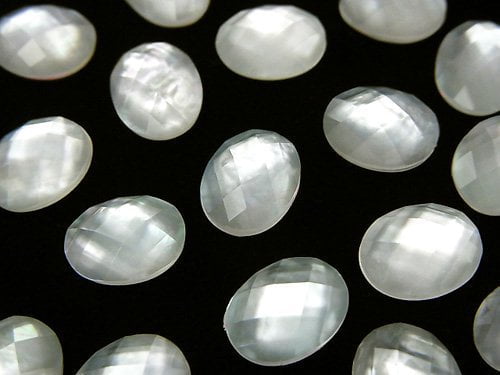 White Shell x Crystal AAA- Oval Faceted Cabochon 10x8mm 3pcs