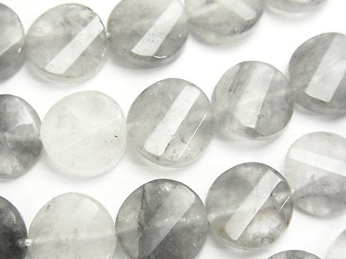 Gray Quartz AA Twist x Multiple Facets Faceted Coin 12x12x5mm half or 1strand beads (aprx.15inch/37cm)