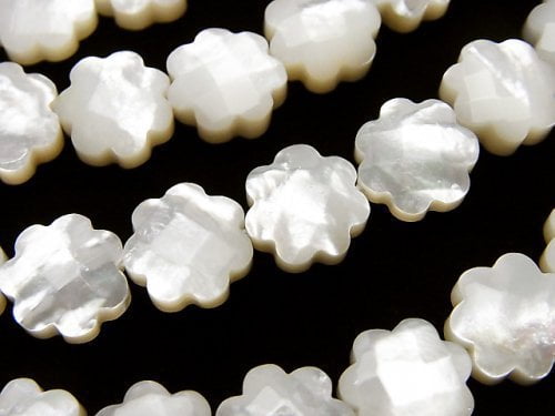 [Video] High Quality White Shell Flower (Faceted) 10x10x5mm 1/4 or 1strand beads (aprx.15inch / 38cm)