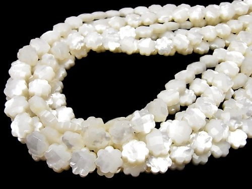 [Video] High Quality White Shell Flower (Faceted) 10x10x5mm 1/4 or 1strand beads (aprx.15inch / 38cm)