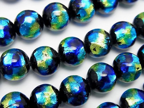 Lampwork Beads Round 10mm [Blue x Yellow] 1/4 or 1strand beads (aprx.15inch/36cm)