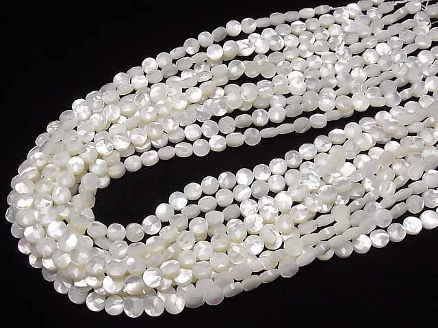 [Video] High Quality White Shell (Silver-lip Oyster) Faceted Coin (Star Pattern) 6x6x3.5mm 1/4 or 1strand beads (aprx.15inch/38cm)