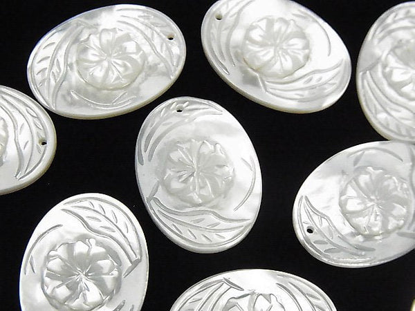 [Video] High Quality White Shell (Silver-lip Oyster) AAA Flower Carving Oval 22x16x1.5mm 1pc