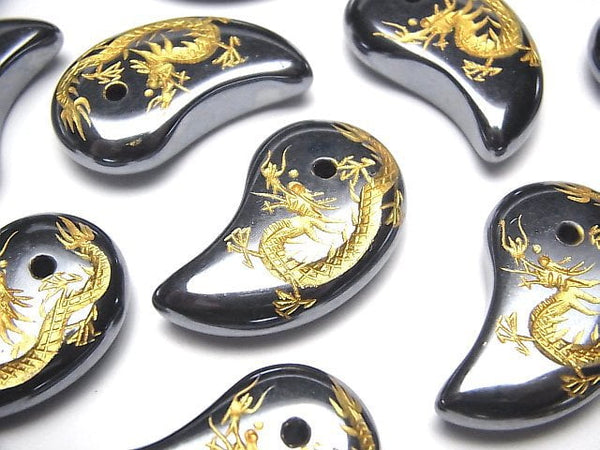 Golden! Carved by [Dragon ,Four Divine Beasts]! Terahertz Comma Shaped Bead 32x20mm 1pc