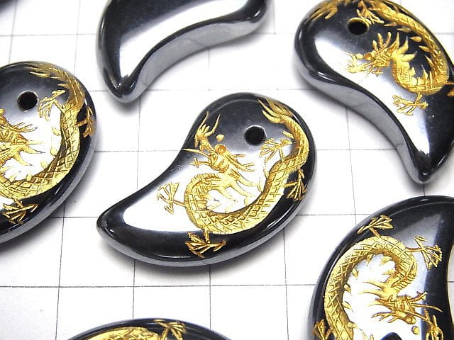 Golden! Carved by [Dragon ,Four Divine Beasts]! Terahertz Comma Shaped Bead 32x20mm 1pc