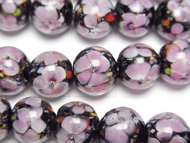 [Video] Lampwork Beads Round 10mm [Pink x Flower] 1/4 or 1strand beads (aprx.14inch/34cm)