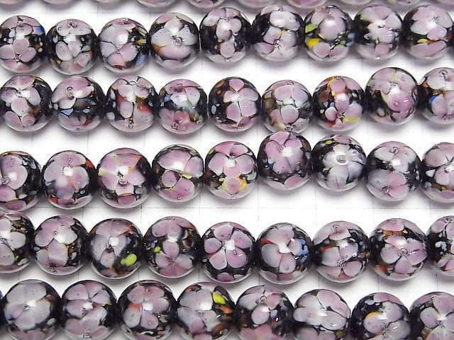 [Video] Lampwork Beads Round 10mm [Pink x Flower] 1/4 or 1strand beads (aprx.14inch/34cm)