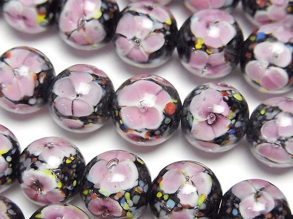 [Video] Lampwork Beads Round 12mm [Pink x Flower] 1/4 or 1strand beads (aprx.13inch/32cm)