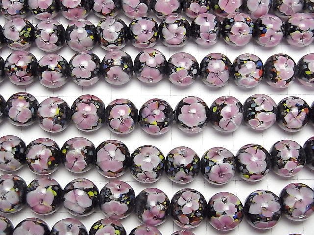 [Video] Lampwork Beads Round 12mm [Pink x Flower] 1/4 or 1strand beads (aprx.13inch/32cm)