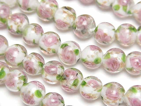 [Video]Lampwork Beads Round 8mm Rose Pattern [White] 1strand beads (aprx.11inch/28cm)