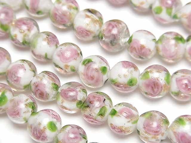 [Video]Lampwork Beads Round 8mm Rose Pattern [White] 1strand beads (aprx.11inch/28cm)
