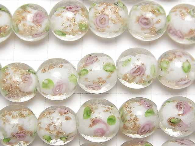 [Video] Lampwork Beads Round 12mm Rose pattern [White] 1strand beads (aprx.13inch/33cm)