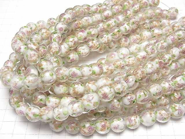 [Video] Lampwork Beads Round 12mm Rose pattern [White] 1strand beads (aprx.13inch/33cm)