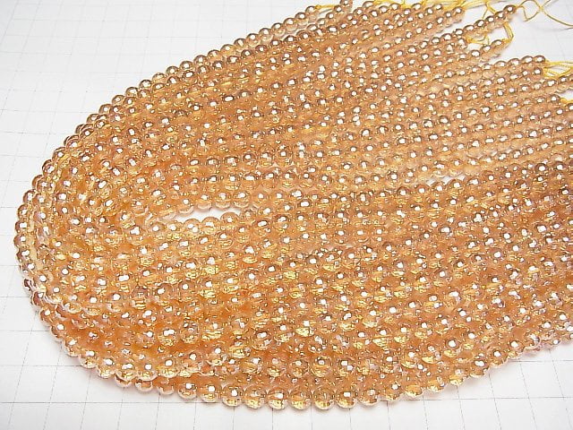 [Video]Champagne Aura Crystal Quartz AAA 128Faceted Round 6mm half or 1strand beads (aprx.15inch/37cm)
